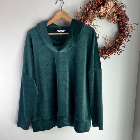 Cable Gauge Studio Womens Plus Sz 1X Cowl Neck Pullover Velour Sweater Top Green - Picture 1 of 8